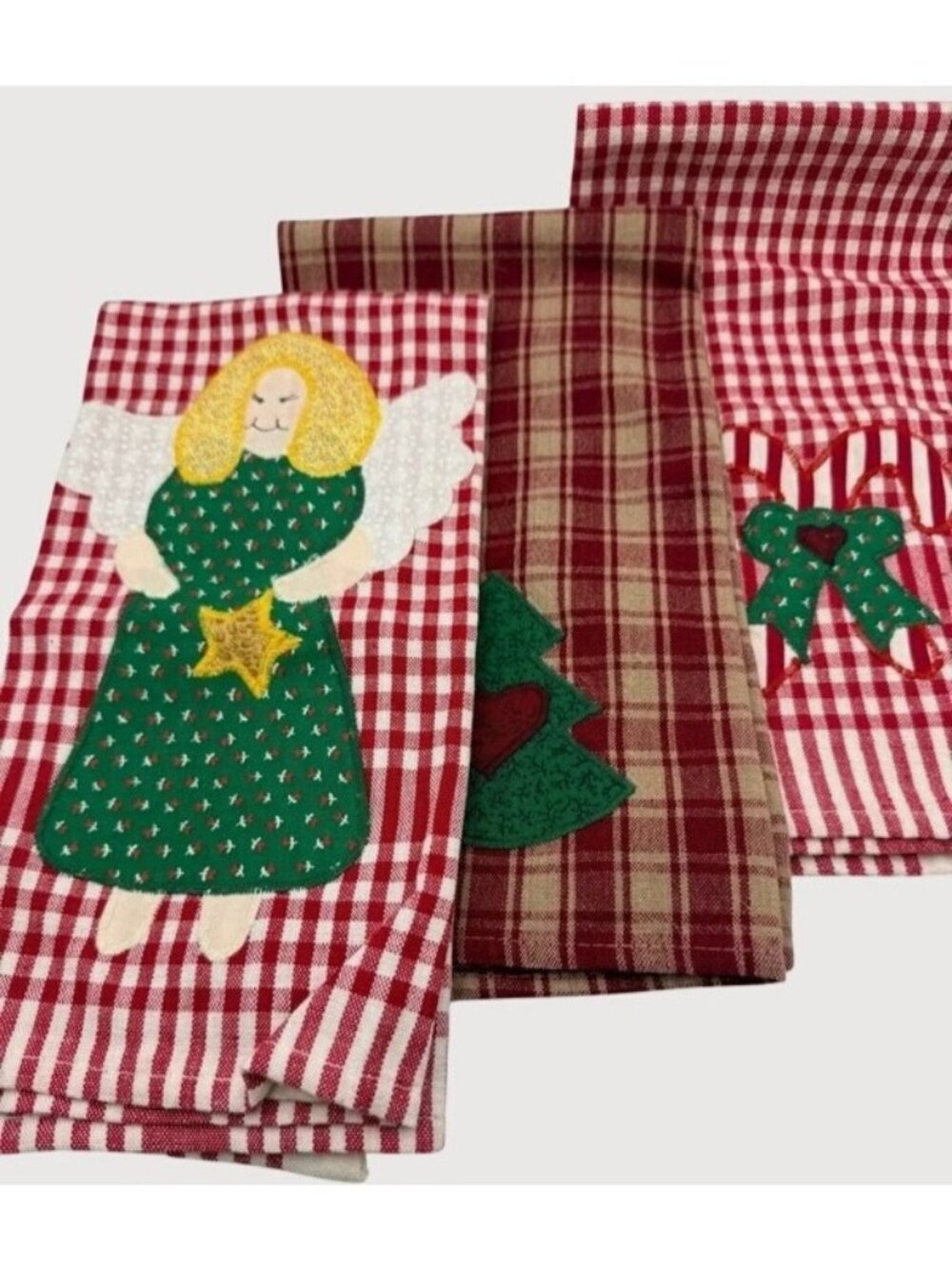 Vintage Christmas Towels Set 3 Cottagecore Angel Tree Candy Cane Appliqué